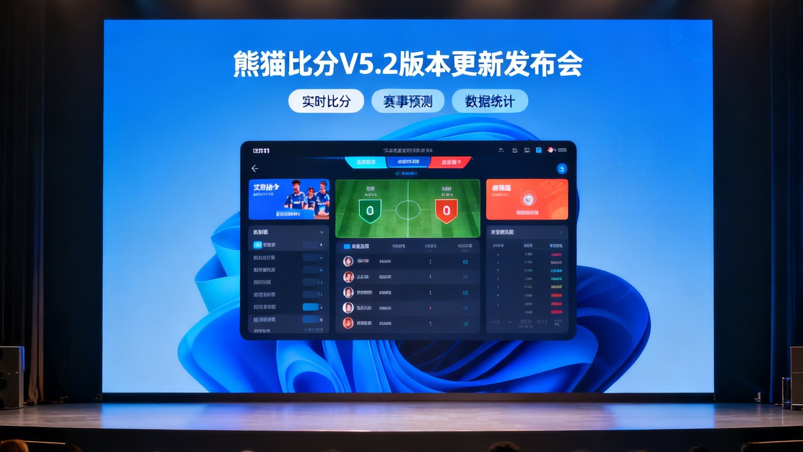 熊猫比分V5.2版本更新发布会现场照片，大屏幕上展示新功能界面